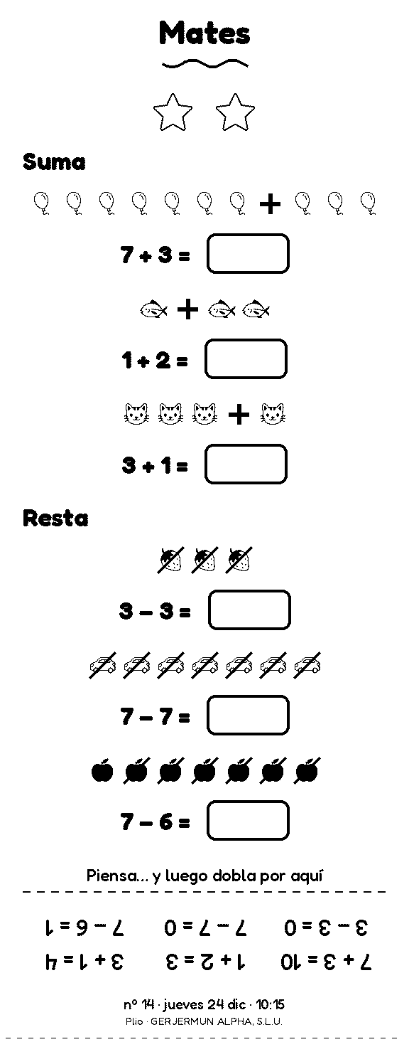 Ficha de mates con sumas y restas, dibujos para contar y las soluciones boca abajo