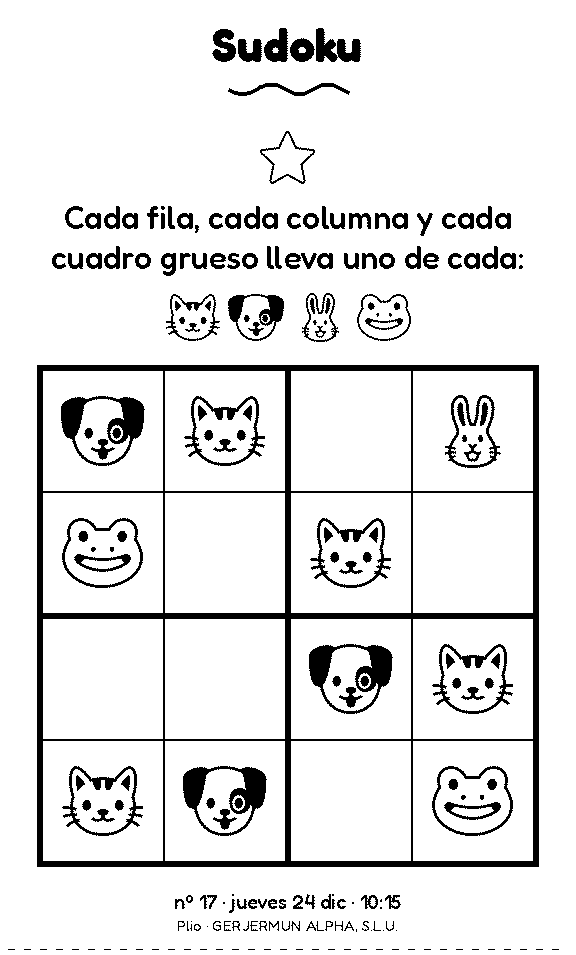 Sudoku de animales: un gato, un perro, un conejo y una rana, uno de cada en cada fila, columna y cuadro
